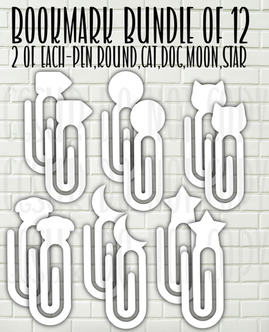 12 piece bookmark -Pencil, Round, Cat, Dog, Moon, Star